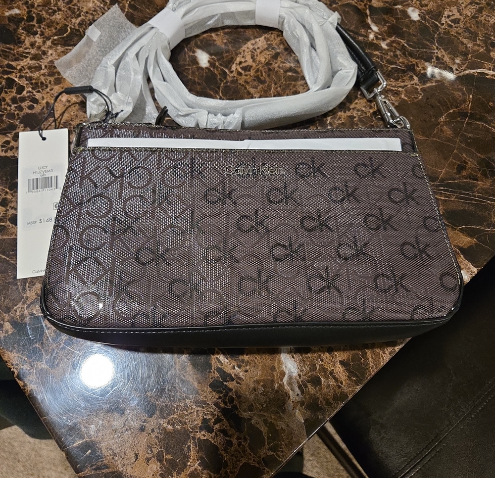 Calvin Klein Brown Logo-Print Crossbody with White Trim